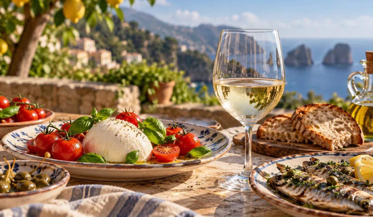 Mozzarella, pomodorini e pesce azzurro alla griglia con calice di vino bianco campano