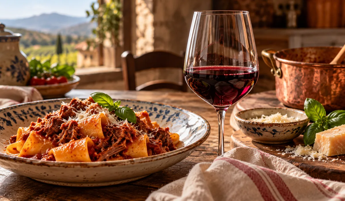 Paccheri al ragù con calice di vino rosso campano su una tavola rustica